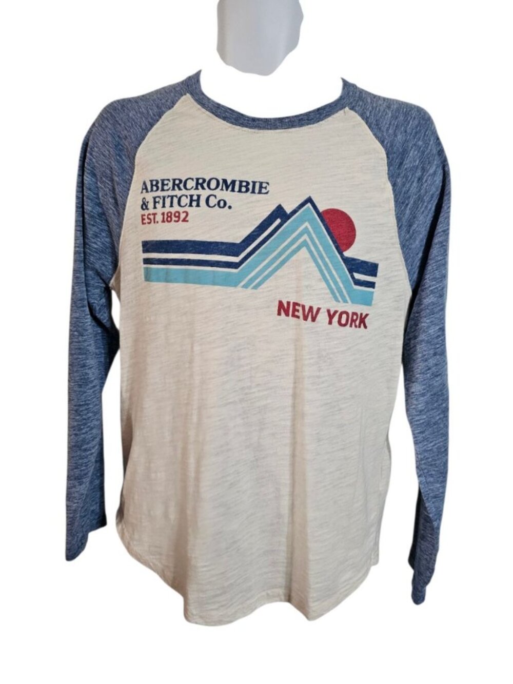 Abercrombie & Fitch Mens Medium Raglan Cream Blue Slub Graphic Tee Archival Prep - Picture 2 of 6